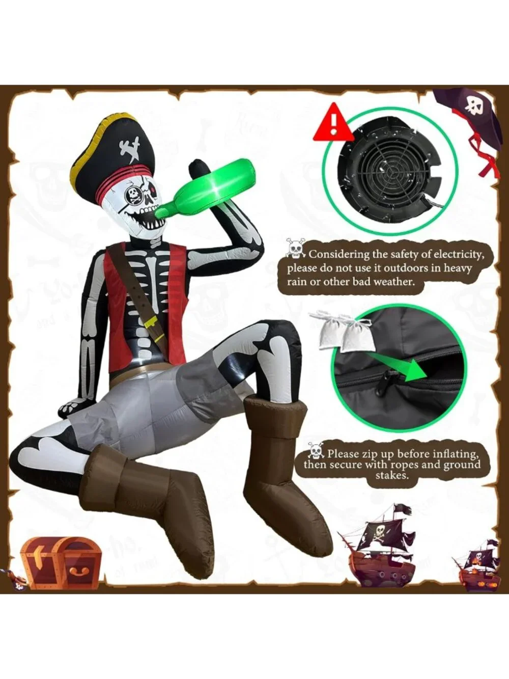 6.5FT Inflatable Pirate Skeleton Halloween Decor with Lights for Outdoor Fun